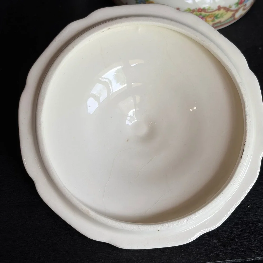 Antique Floral Porcelain Lidded Sugar Bowl Gold Gilt Trim Footed Tea Server